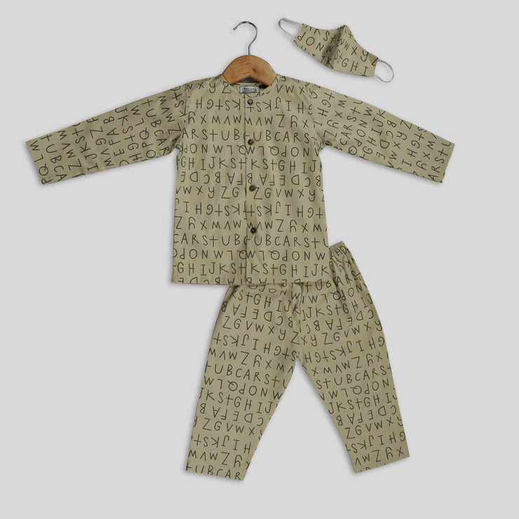 Beige Alphabet Printed Full-Sleeves Nightwear For Boys