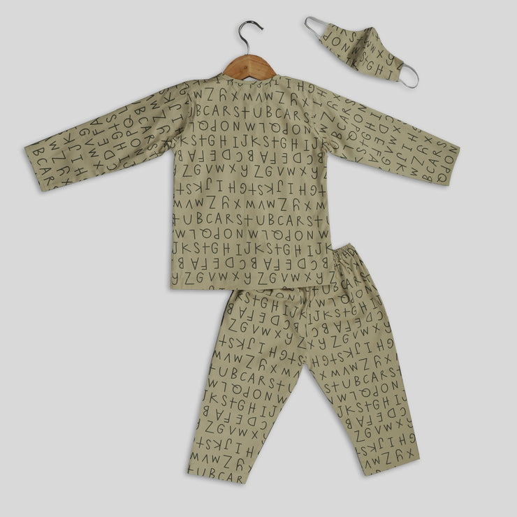 Beige Alphabet Printed Full-Sleeves Nightwear For Boys