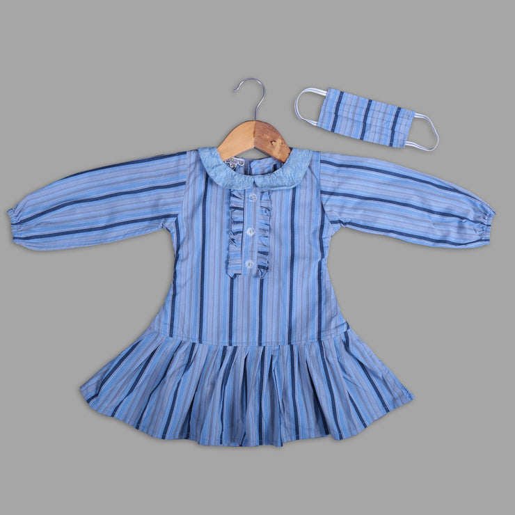 Blue Cotton A-Line Frock for girls With Peter Pan Collar
