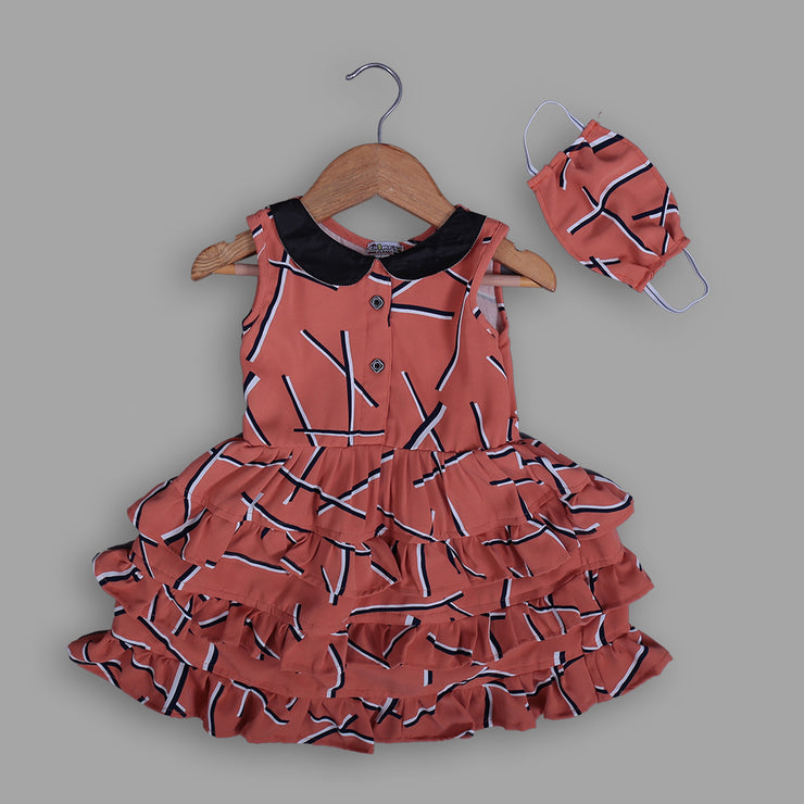 Pre Order: Orange Skater Frock For Girls With Flares and Mask