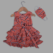 Pre Order: Orange Skater Frock For Girls With Flares and Mask