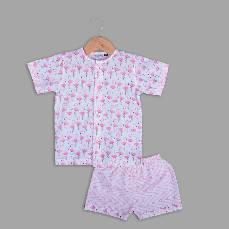 Flamingo Printed Half-Sleeves Nightwear For Girls