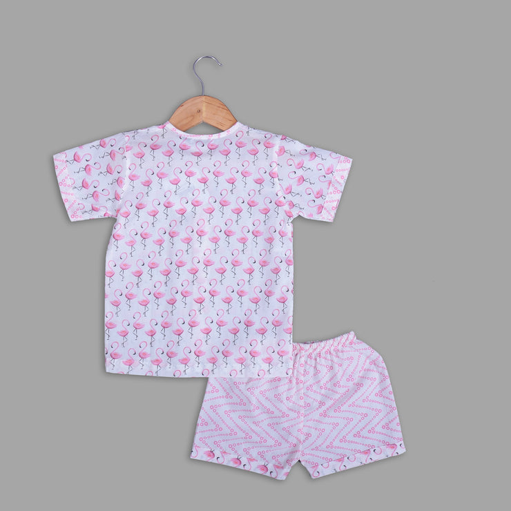 Flamingo Printed Half-Sleeves Nightwear For Girls