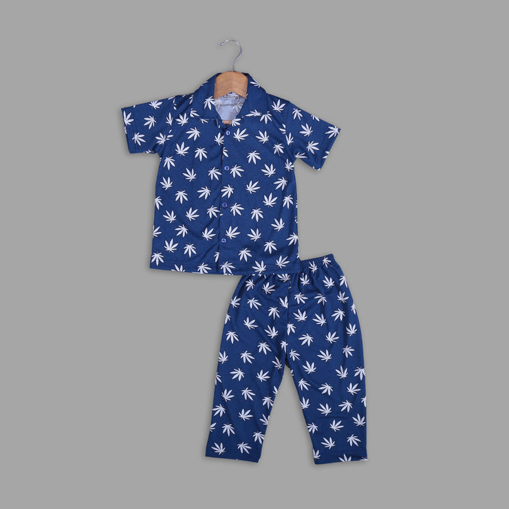 Blue Pyjama Set For Kids with Leaf Print