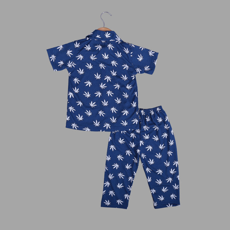 Blue Pyjama Set For Kids with Leaf Print