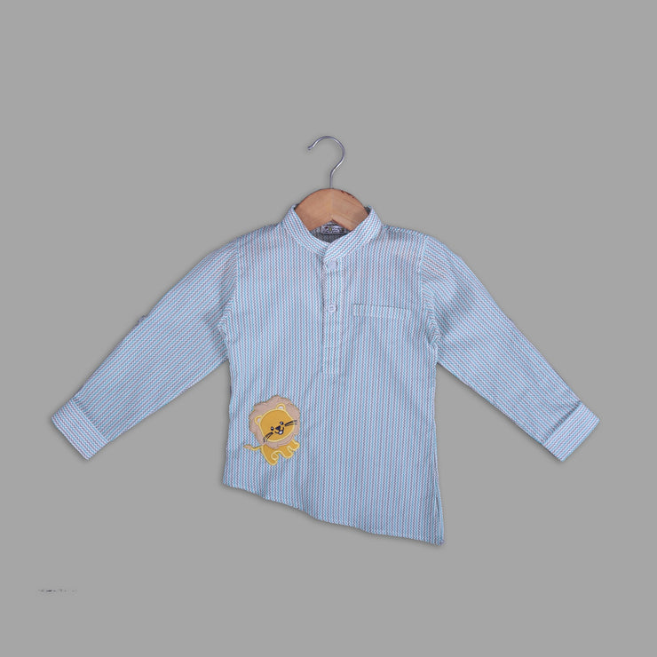 Cream Striped Cotton Shirt For Boys With Asymmetrical Hemline