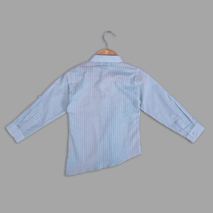 Cream Striped Cotton Shirt For Boys With Asymmetrical Hemline