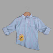 Cream Striped Cotton Shirt For Boys With Asymmetrical Hemline