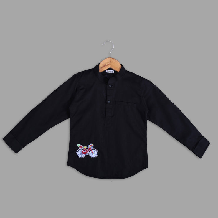 Black Cotton Shirt For Boys With Cycle Motif