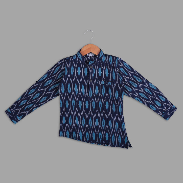 Blue Ikat Print Cotton Shirt For Boys With Asymmetrical Hemline