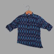 Blue Ikat Print Cotton Shirt For Boys With Asymmetrical Hemline