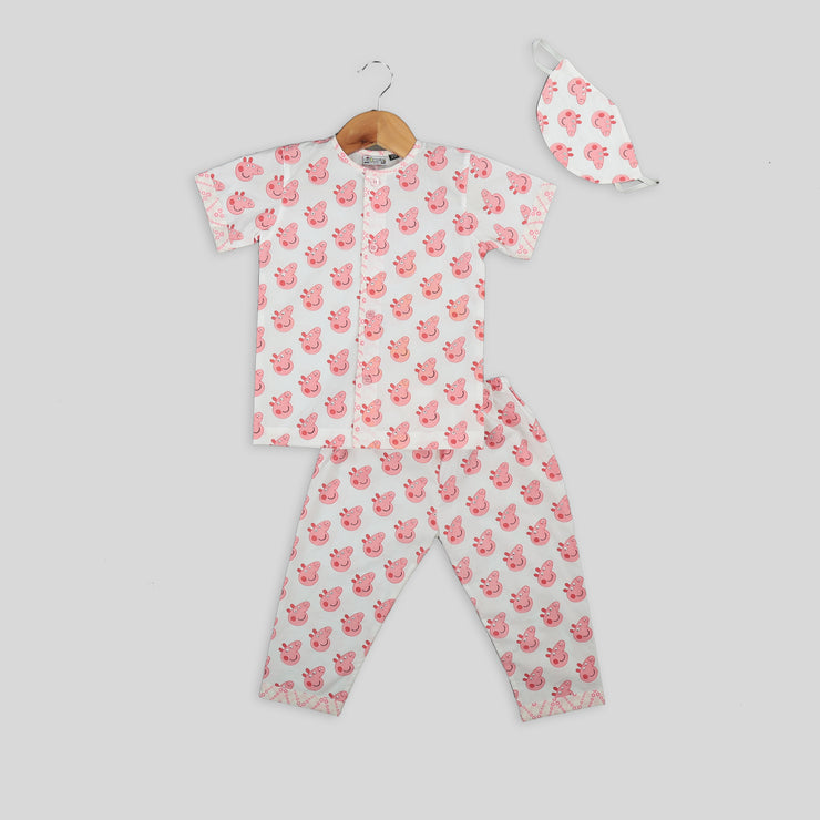 Pink and White Cotton Pyjama Set For Kids with Peppa Pig Print