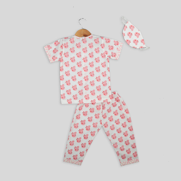 Pink and White Cotton Pyjama Set For Kids with Peppa Pig Print