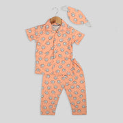 Peach Pyjama Set For Kids with Leaf Print