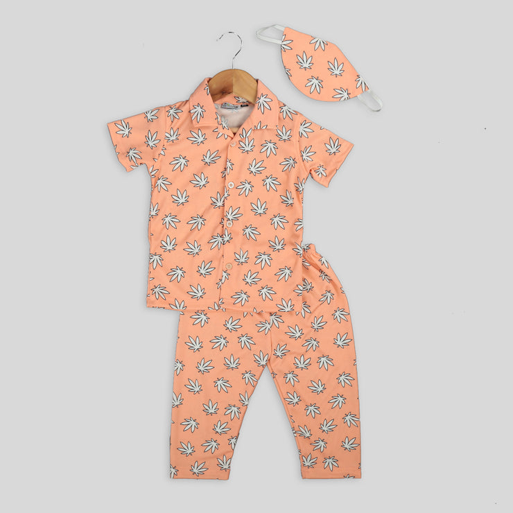 Peach Pyjama Set For Kids with Leaf Print