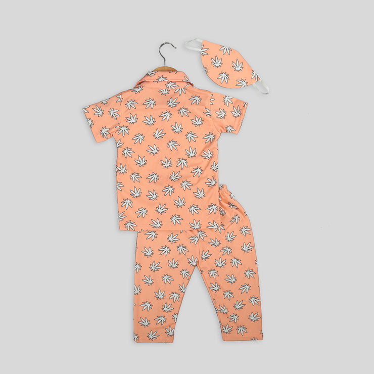 Peach Pyjama Set For Kids with Leaf Print
