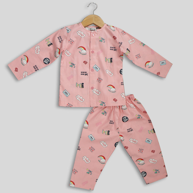 Peach Cotton Pyjama Set For Girls