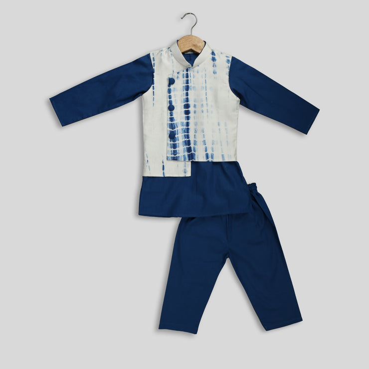 Cotton Navy Blue Kurta And Jacket with Blue Cotton Pyjamas