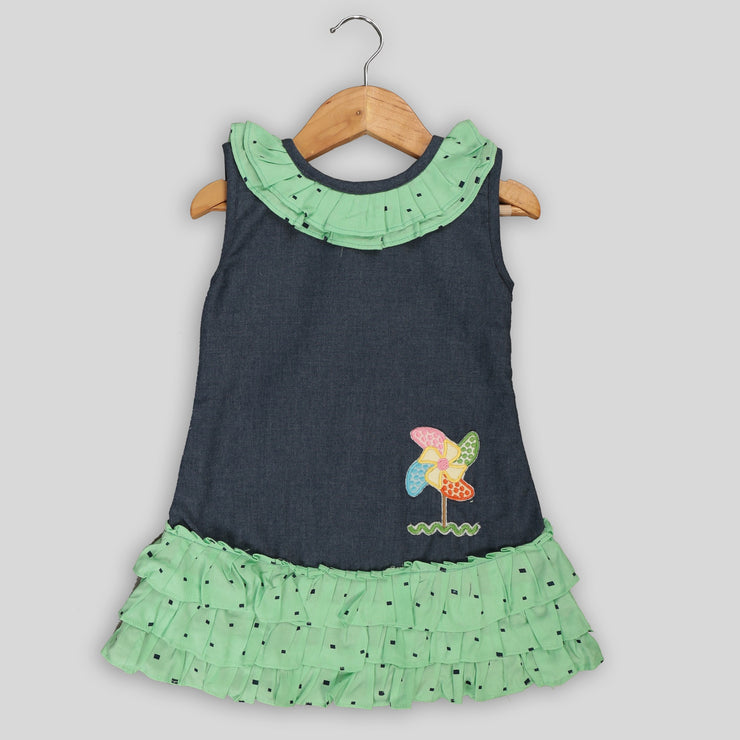 Blue And Green Cotton Skater Frock For Girls