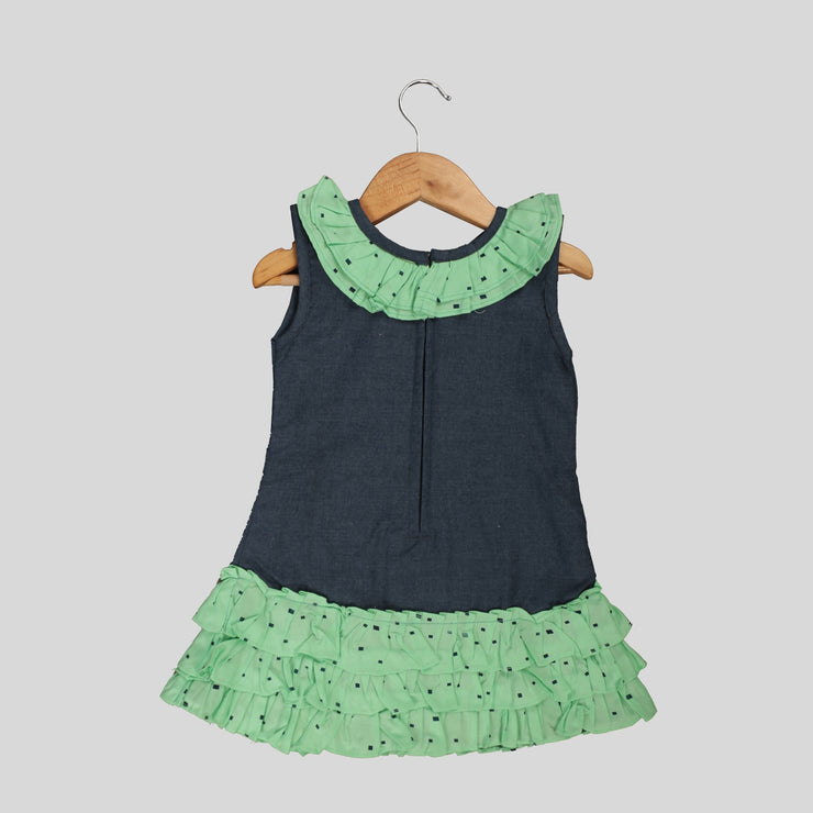 Blue And Green Cotton Skater Frock For Girls