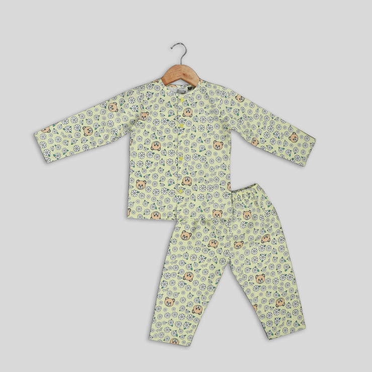 Yellow Cotton Pyjama Set With Flower Print