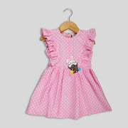 Pink Cotton Frock For Girls with a Bunny Motif