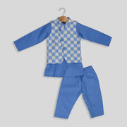 Blue Kurta and Pyjama Set With Blue and White Jacket