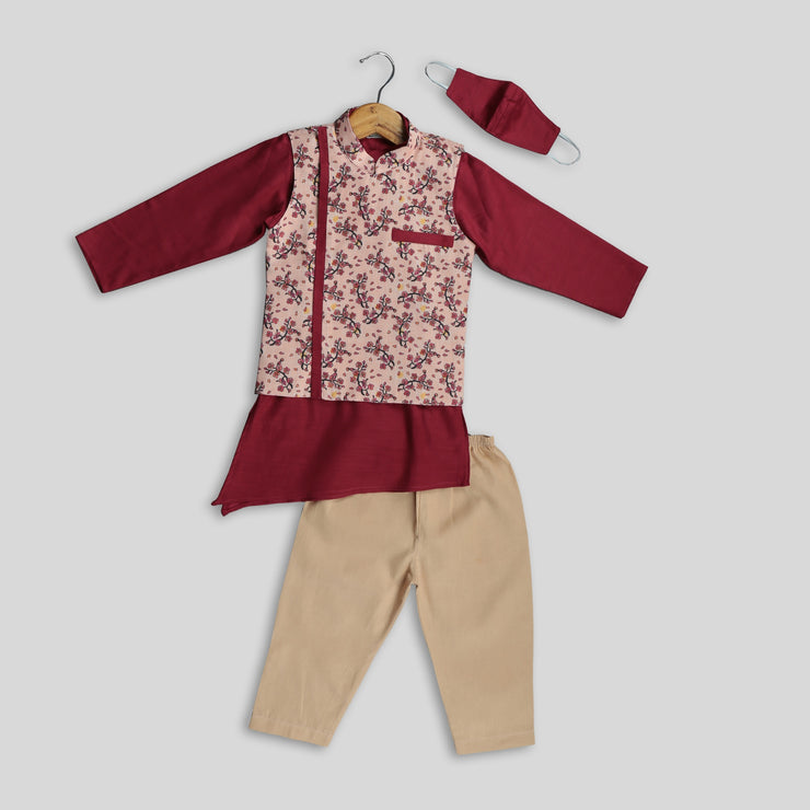 Maroon Cotton Kurta And Jacket with Beige Cotton Pyjamas