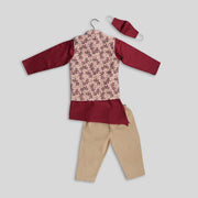 Maroon Cotton Kurta And Jacket with Beige Cotton Pyjamas