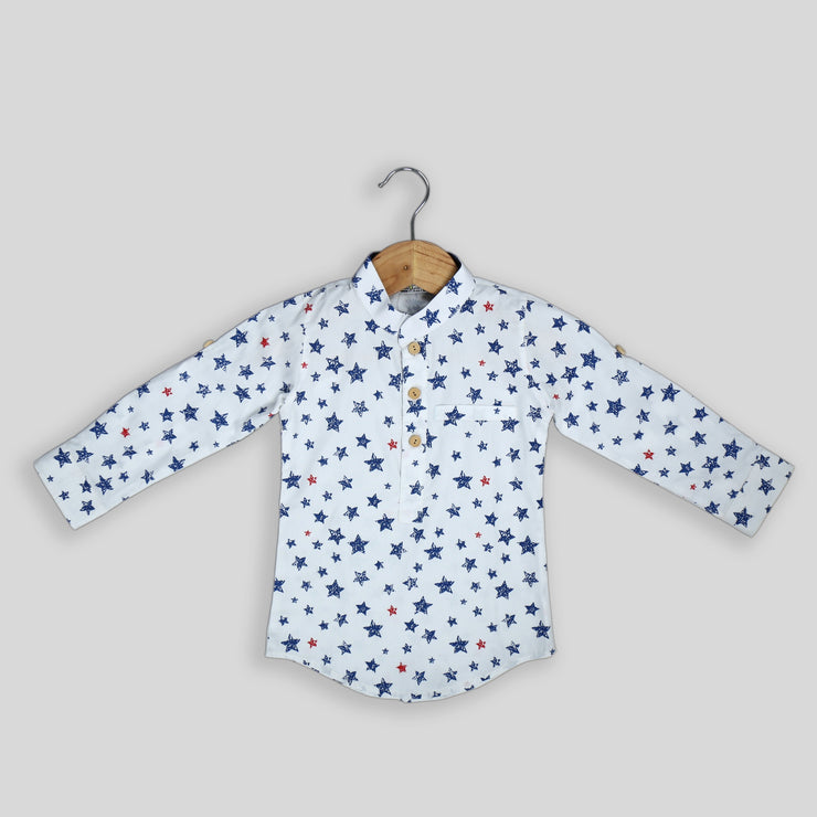 White Star Printed Cotton Kurta Shirt For Boys