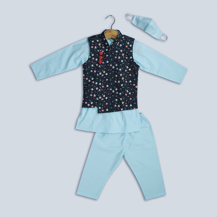 Black Printed Jacket with Blue Cotton Kurta Pyjama Set for Boys