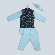 Black Printed Jacket with Blue Cotton Kurta Pyjama Set for Boys