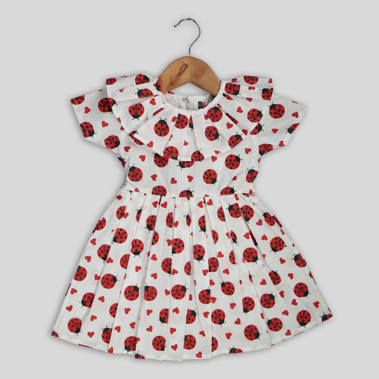 White Cotton Ladybug Print Frock