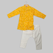 Yellow Rayon Kurta with Matchstick Print and White Pyjamas