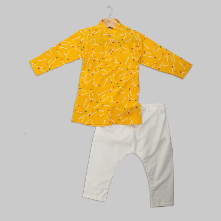 Yellow Rayon Kurta with Matchstick Print and White Pyjamas