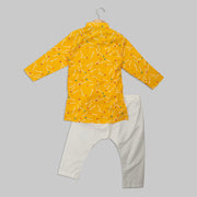 Yellow Rayon Kurta with Matchstick Print and White Pyjamas