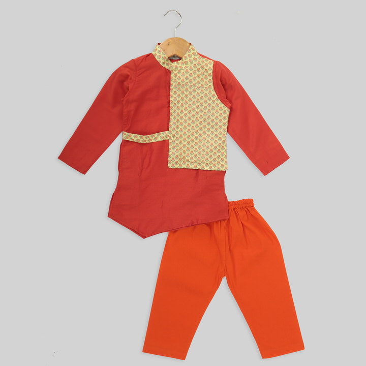 Orange and Yellow Cotton Silk Kurta And Orange Cotton Pyjama