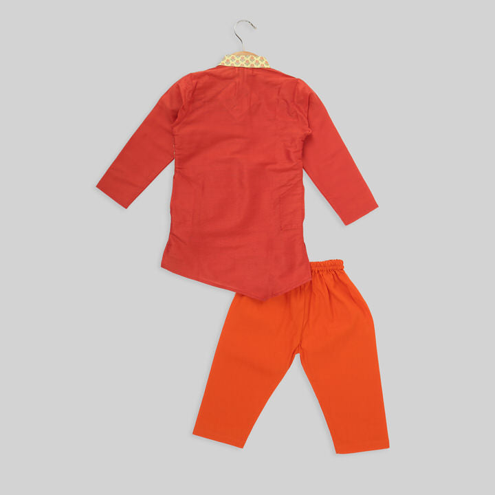 Orange and Yellow Cotton Silk Kurta And Orange Cotton Pyjama