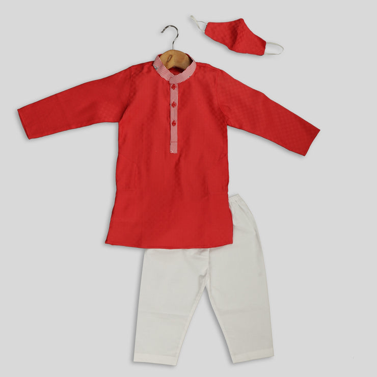 Red Self Stitched Kurta Pyjama Set for Boys
