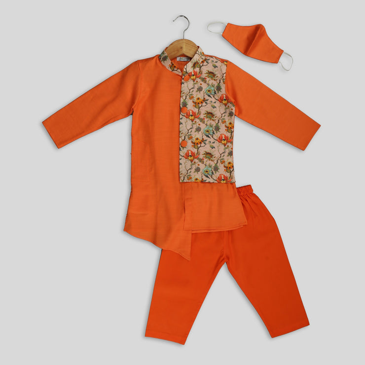 Saffron Cotton Kurta And Pyjama With Half Jacket