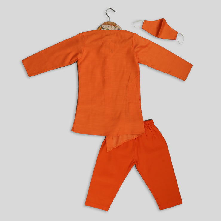 Saffron Cotton Kurta And Pyjama With Half Jacket
