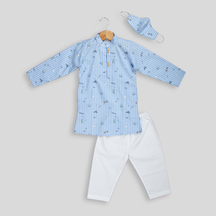 Blue Striped Cotton Kurta and White Pyjamas
