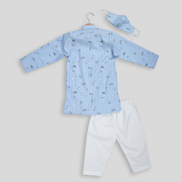 Blue Striped Cotton Kurta and White Pyjamas