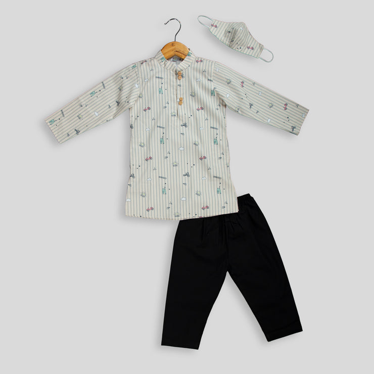 Beige Printed Cotton Kurta Pyjama Set for Boys