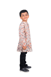 Boys's Cotton Multi Digital Print Kurta & Black Churidar Pyjama Set