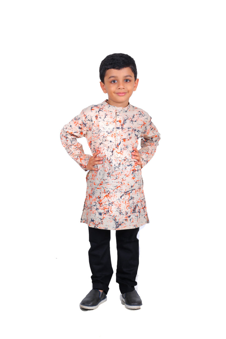 Boys's Cotton Multi Digital Print Kurta & Black Churidar Pyjama Set