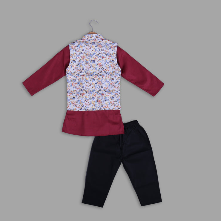 White Printed Jacket with Maroon Cotton Kurta Pyjama Set for Boys