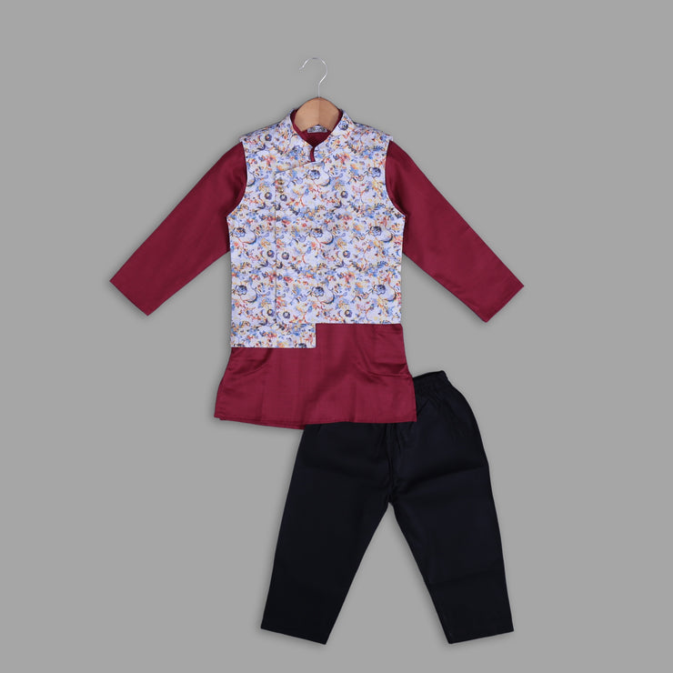 White Printed Jacket with Maroon Cotton Kurta Pyjama Set for Boys