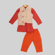 Cotton And Silk Orange And Beige Kurta And Jacket With Orange Pyjamas