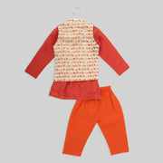 Cotton And Silk Orange And Beige Kurta And Jacket With Orange Pyjamas